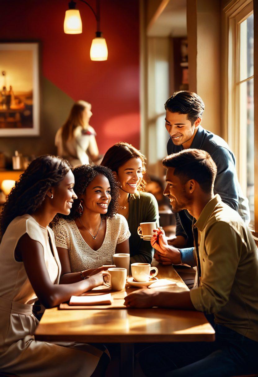 A beautifully arranged scene depicting a diverse group of people engaging in passionate conversations over coffee in a cozy café. The warm lighting casts soft shadows, creating an intimate atmosphere. Subtle heart motifs are woven into the background, symbolizing connections and desires. Captured with a focus on expressions of curiosity and excitement. vibrant colors. super-realistic.