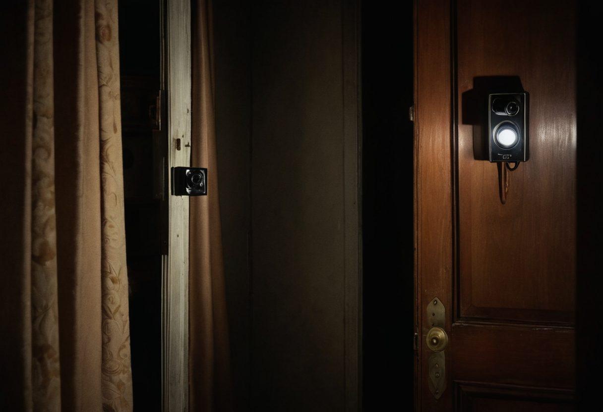 A mysterious, dimly lit room with shadows dancing on the walls, featuring a vintage surveillance camera juxtaposed with soft, alluring fabrics draped elegantly. A pair of eyes peering through a half-open door, symbolizing curiosity and hidden desires, while silky textures invite exploration. The atmosphere should be both seductive and intriguing, blending elements of secrecy with sensuality. super-realistic. dark tones. moody ambiance.